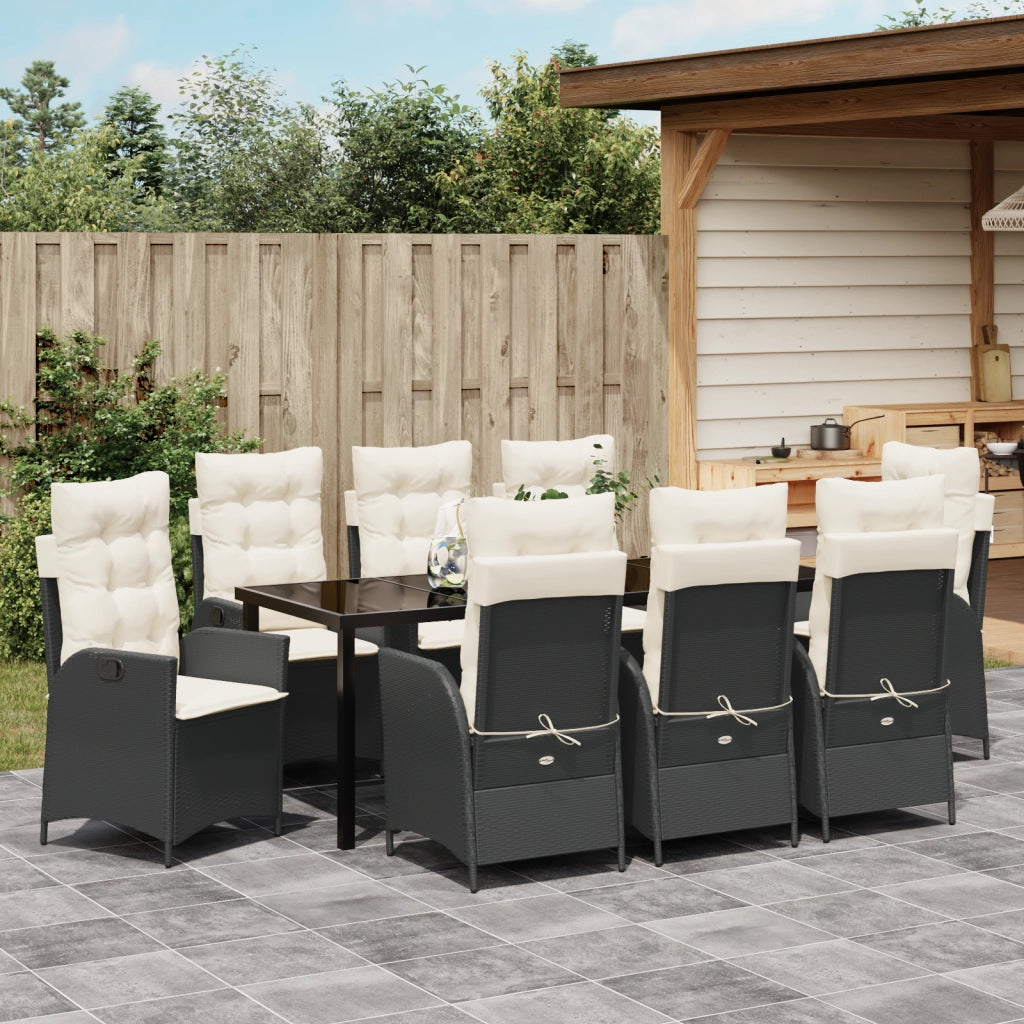 Set da Pranzo da Giardino 9 Pezzi con Cuscini in Rattan Poliestere Nero