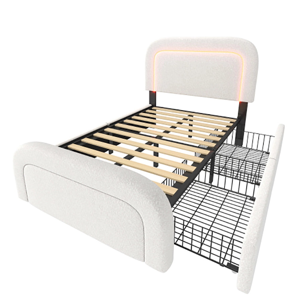 Letto matrimoniale - Xylo - 90x200 cm - Bianco - 2 cassetti USB Type C LED testiera regolabile
