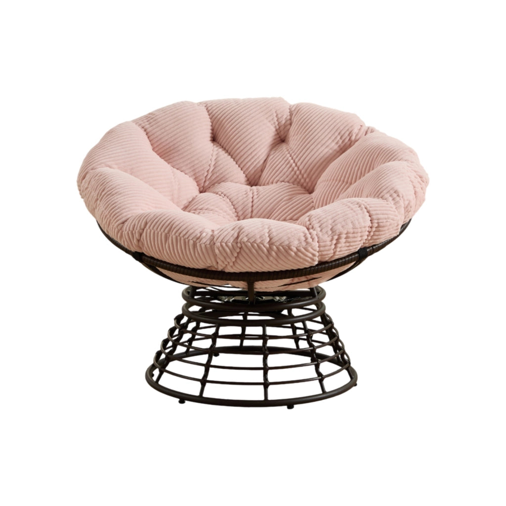 Poltrona girevole a 360° in acciaio e rattan sintetico rosa con cuscino imbottito per soggiorno e camera