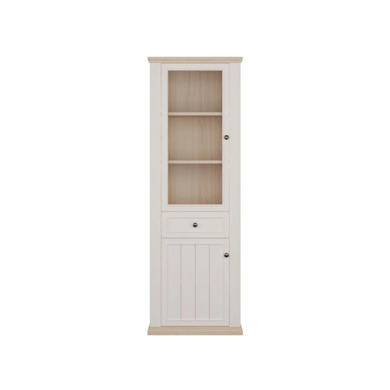Vetrina Essenza con 1 anta a vetro 1 cassetto e 1 anta in stile classico colore bianco e rovere