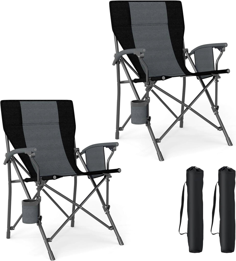 Sedia da Campeggio Portatile, Sedia da Esterno Pieghevole in Tessuto Oxford con Porta Bicchiere e Tasca Laterale, Seduta in Metallo Resistente con Sacca di Trasporto, Portata 160 kg (Nero,2)