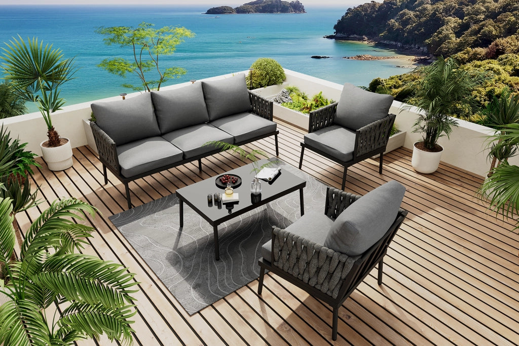Set poltrone per mobili da giardino set di mobili da giardino con cuscini comodi divano a 3 posti 2 poltrone e tavolino da caff¨¨ esterno piano in vetro braccioli in corda intrecciata acciaio zincato grigio