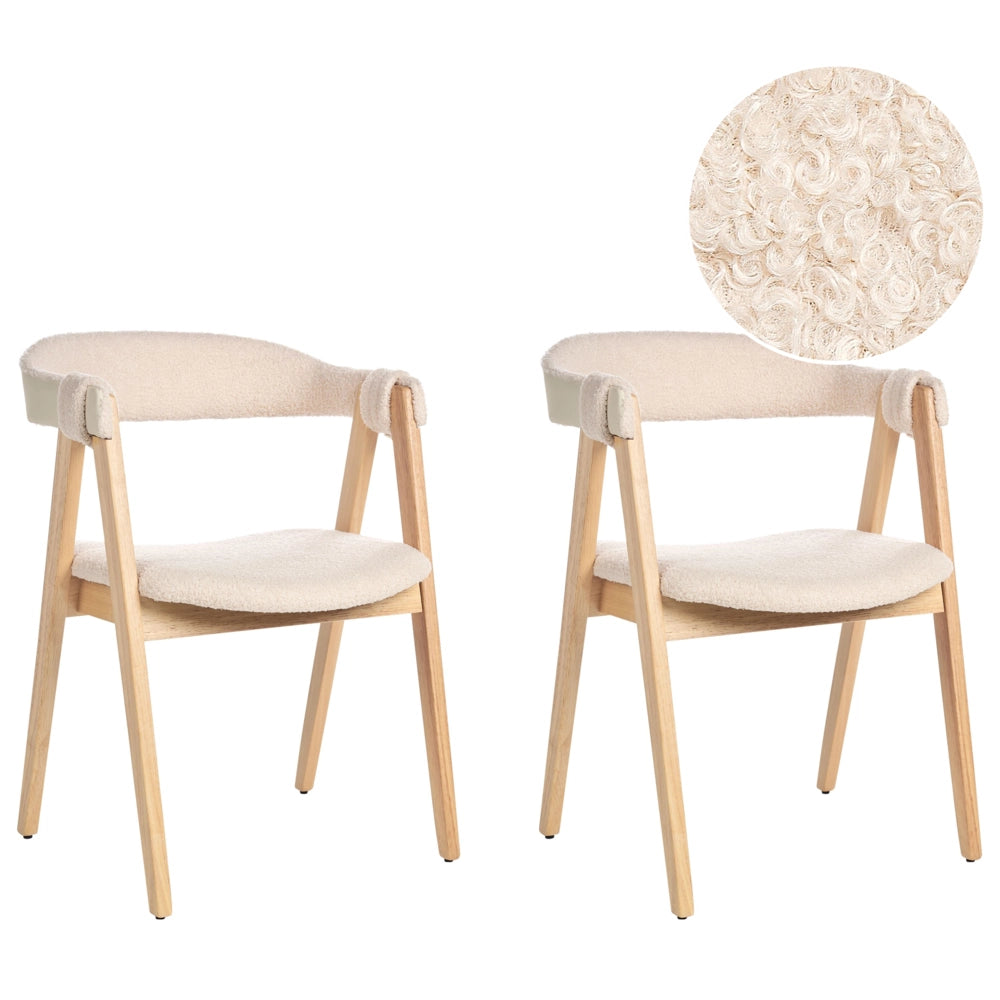 Set di 2 sedie da pranzo in legno chiaro e compensato beige in tessuto boucle di poliestere Gambe in legno di gomma Stile tradizionale retrò