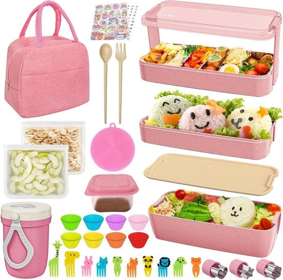 Lunchbox 900 ml 3 strati senza grasso contenitore per pane con tasca e accessori - bento box per adulti magnetron resistente - rosa