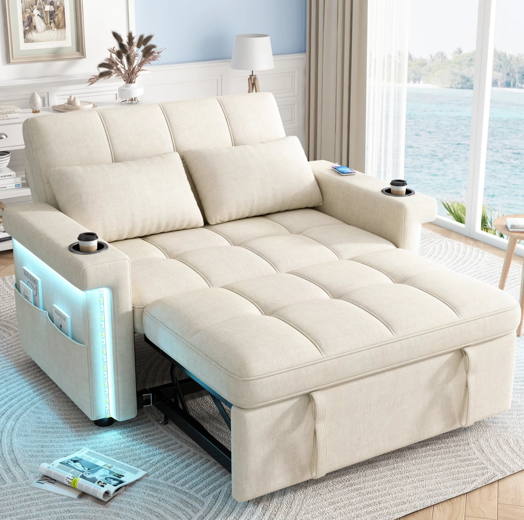 Divano letto 2 posti trasformabile con LED; USB/Type-C; schienale regolabile; chenille beige