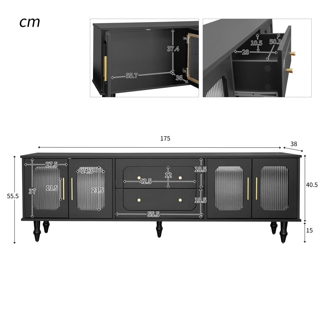 Mobile TV 175x38x55;5 cm; porte in vetro rigato e cassetti push-to-open; truciolare nero
