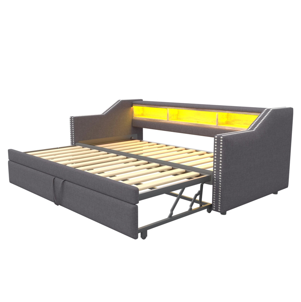 Divano letto imbottito estraibile 90/180 x 190 cm in tessuto tipo lino; grigio scuro; con LED e USB