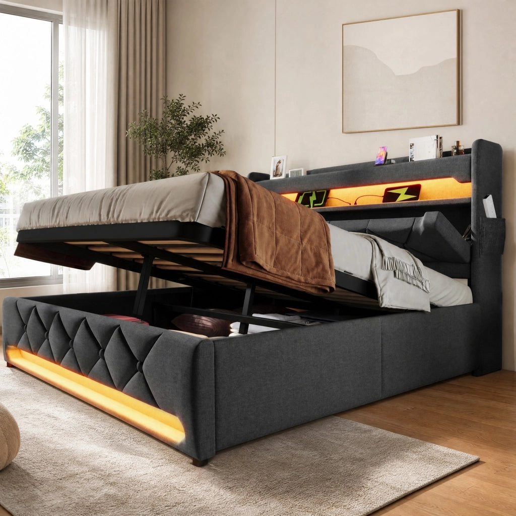 LETTO Contenitore 180x200 cm Lino Grigio con LED e porte USB