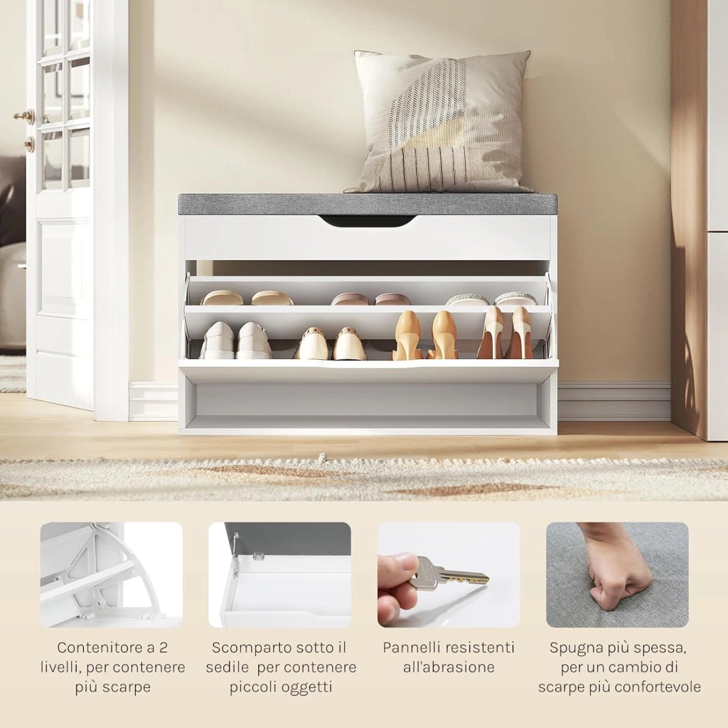 Panca Scarpiera da Ingresso, Porta Scarpe con Cassetto Ribaltabile a 2 Livelli e Scomparto Nascosto, per Ingresso, Camera da Letto, Soggiorno, Corridoio, 80x30x51 cm, Bianco + Grigio