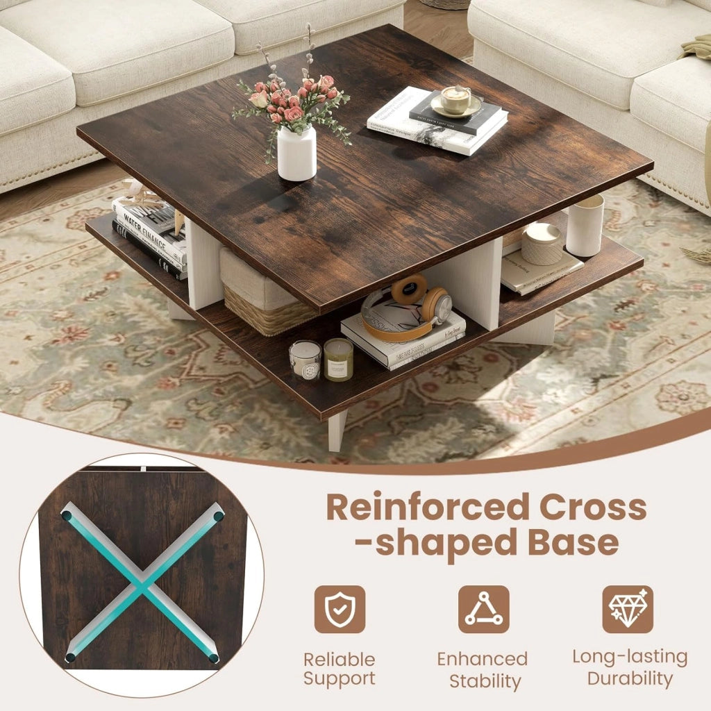 Tavolino quadrato a 2 livelli, tavolino da caffè in legno con 4 scomparti aperti e base a forma di X, 60 x 60 x 33 cm, tavolino per soggiorno, ufficio (marrone+bianco)