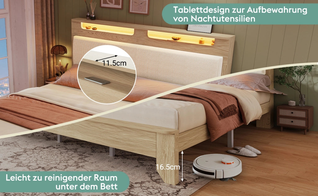 Letto matrimoniale in legno - Zephmum - 140x200 cm - Quercia chiara - Testiera con LED e vano