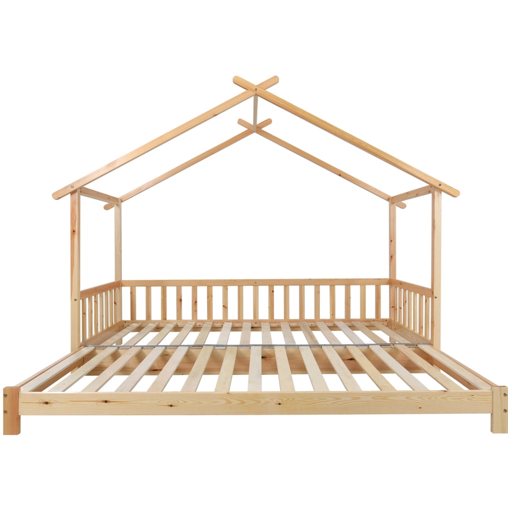 Letto casetta estensibile 208x182x170 cm; legno massello naturale