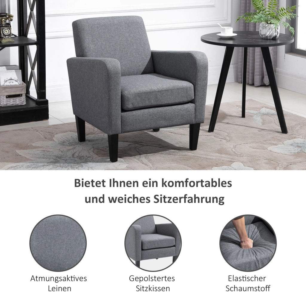 Poltrona imbottita con braccioli ergonomici e gambe in legno di gomma, tessuto effetto lino grigio chiaro 66 × 72 × 74 cm