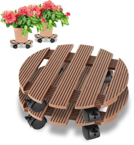 Due pezzi di Trolley per piante a rullo 30cm - Trolley per piante in WPC su ruote - ruote per vaso per piante in legno scuro