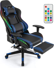 Sedia da Gioco Girevole a 360° con Schienale Reclinabile, Altezza Regolabile e Braccioli Girevoli, Luci Colorate, Poggiapiedi Retrattile, Poggiatesta e Cuscino Lombare, 3 Colori (blu)