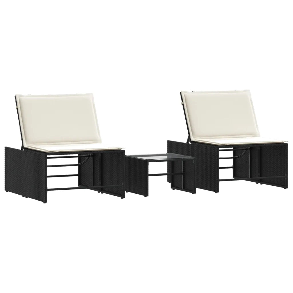 Lettini prendisole modulari 2 pz con tavolo nero in polyrattan 368422