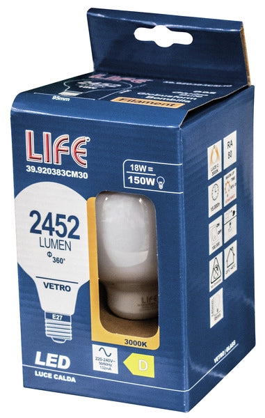 LED GLOBO G95 LIFE ELECTRONICS serie Filament Milky E27 3000K 18W 230V 2452 lumen
