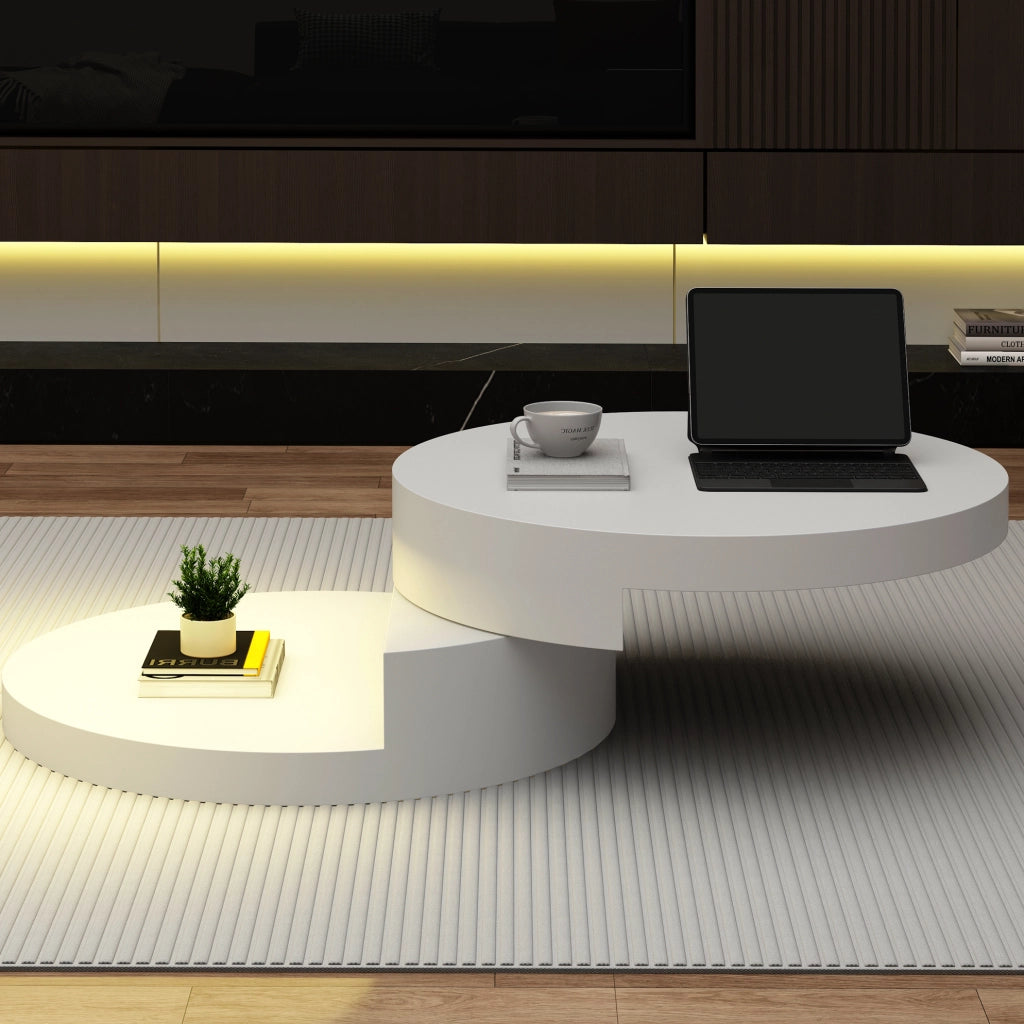 Tavolino da caffè rotondo con LED e piano girevole, bianco