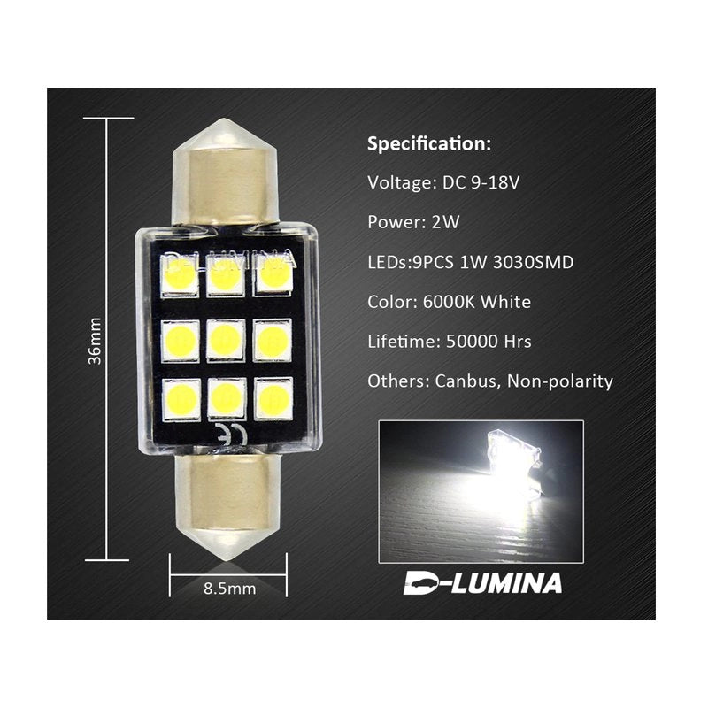 4 Lampade LED T11 Canbus 36mm 12V 2W con 6 SMD 3030 Bianco 6000K No Polarità