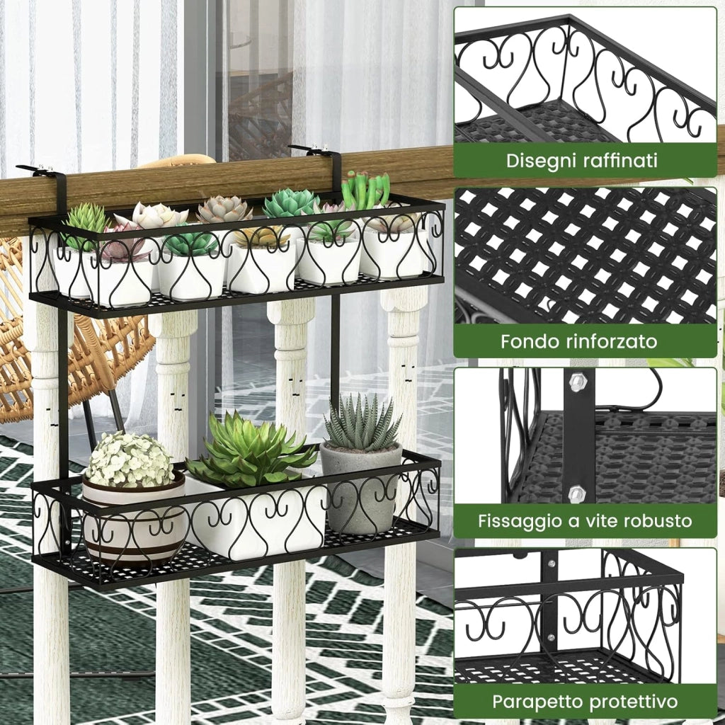 Porta Piante a 2 Livelli, Portavasi da Appender con Ganci Regolabili da 5,5-12,5 cm, Porta Fiori in Metallo da Esterno per Balcone e Recinto, Carico Massimo 30kg, Nero