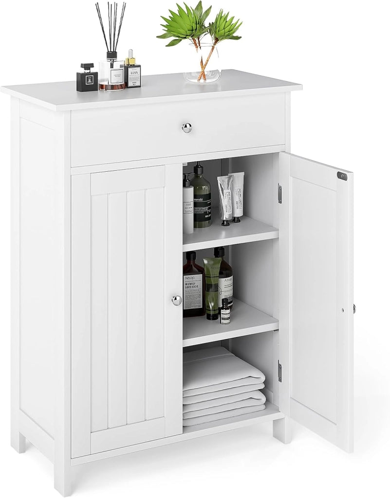 Armadietto bagno autoportante con 2 ante, 1 cassetto e 3 ripiani regolabili, mobiletto base per soggiorno, ingresso, cucina, 60 x 30 x 80 cm (bianco)