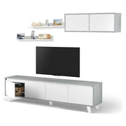 Parete attrezzata Kaya, Set da soggiorno, Mobile salotto multiuso, Parete attrezzata moderna, 200x41h50 cm, Cemento e Bianco lucido