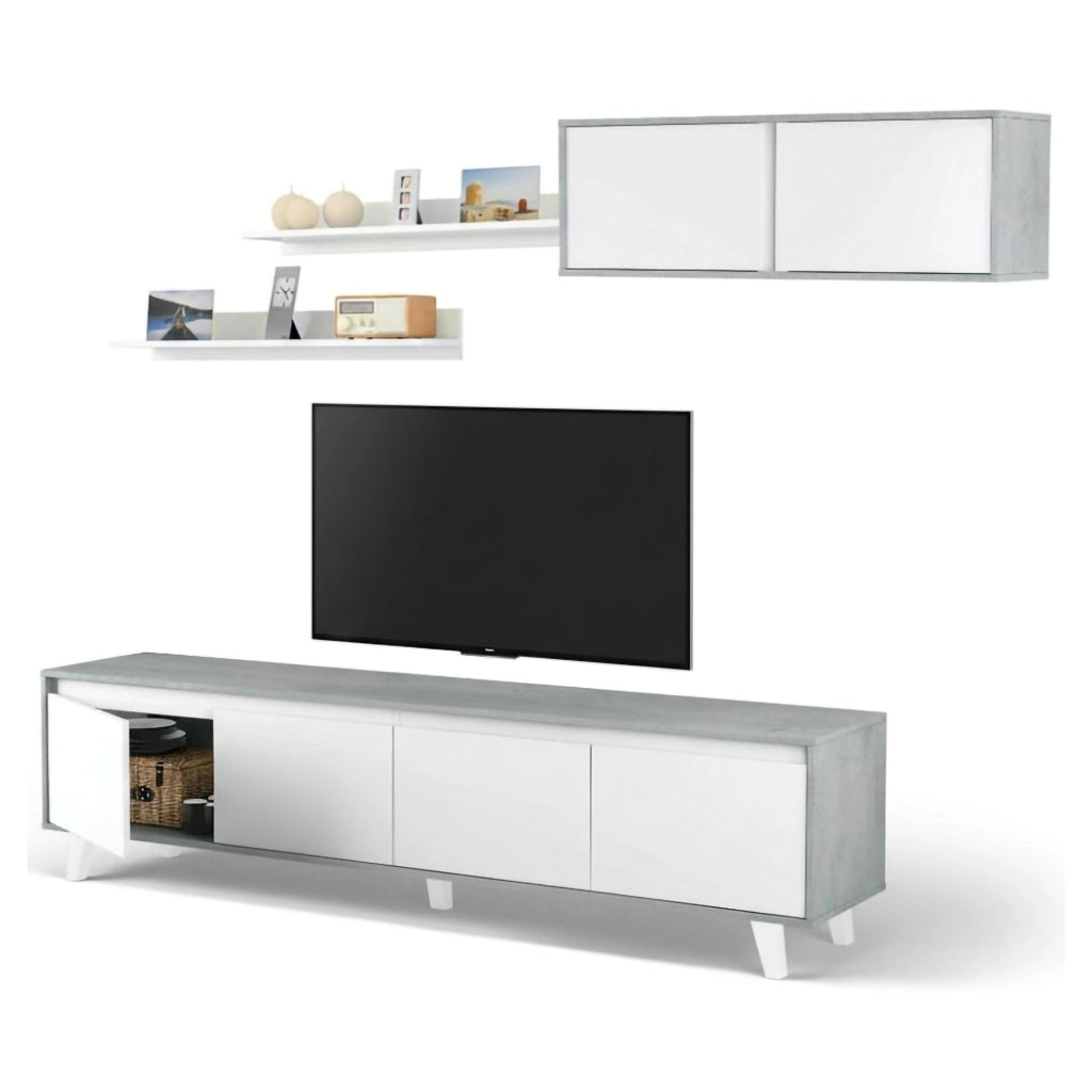 Parete attrezzata Kaya, Set da soggiorno, Mobile salotto multiuso, Parete attrezzata moderna, 200x41h50 cm, Cemento e Bianco lucido