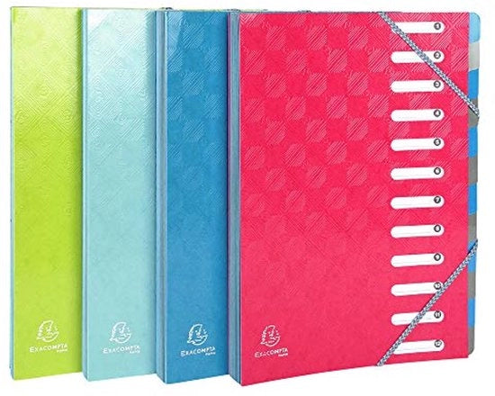 Archivio Premium 1928, realizzato in Colorspan cartone gelato, formato DIN A4, 12 cassette colorate, con fondo stiro e 2 cinture elastiche, vetrine di indice, indice, 1 pezzo colore casuale