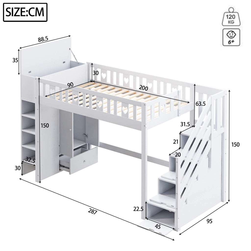 Letto a Soppalco Singolo con Scala Contenitore; Scaffali e Armadio Ribaltabile 90×200 cm; senza Materasso
