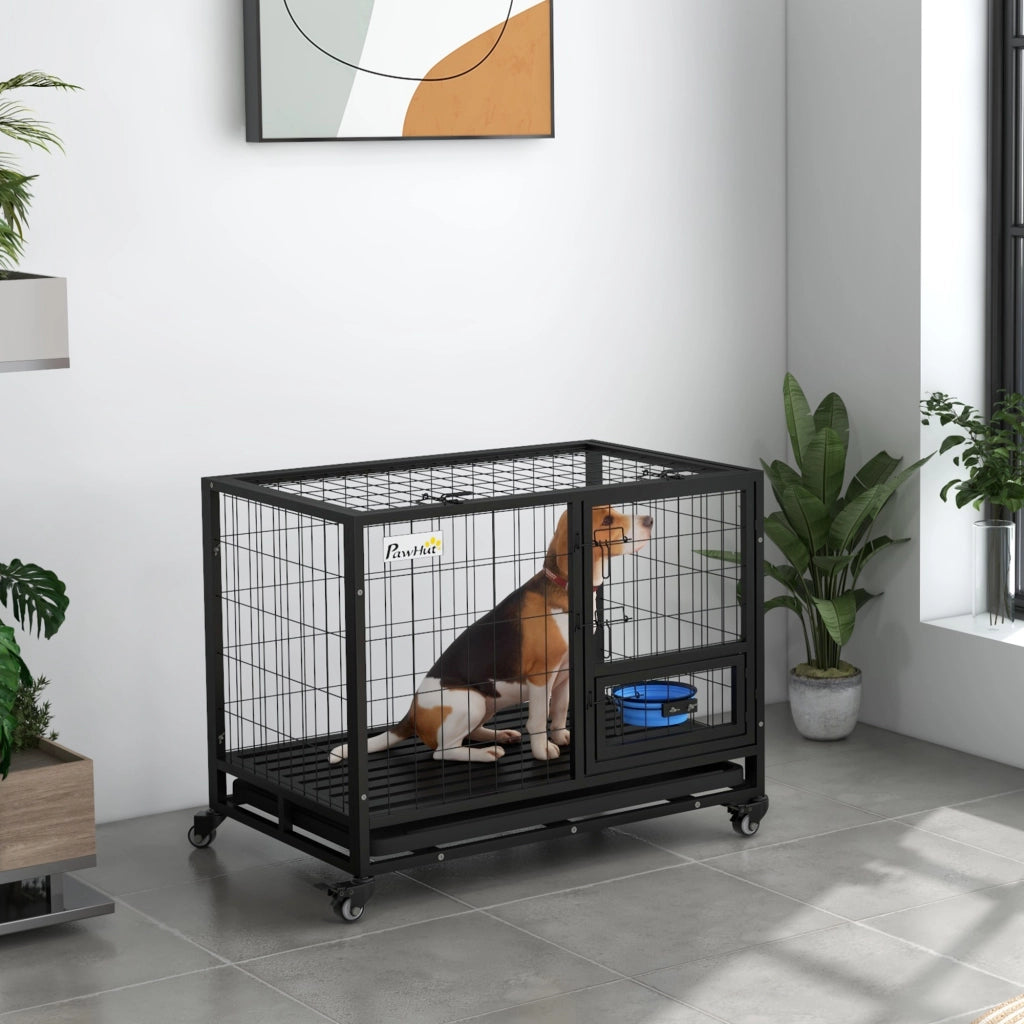 Gabbia per Cani con Ciotola e Vassoio Estraibile ¨C zephmum ¨C 92x62x73 cm Nero