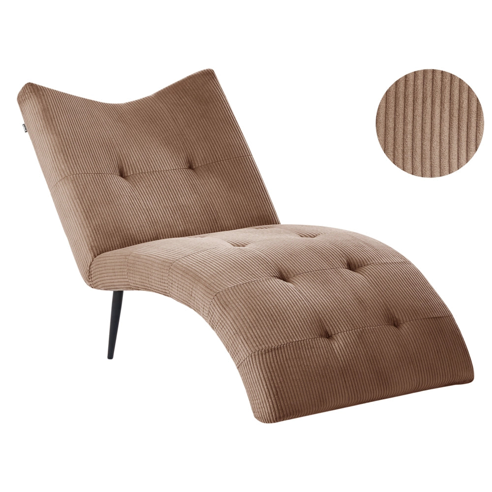 Chaise longue con rivestimento in velluto a coste beige sabbia trapuntatura a bottoni, senza braccioli, design moderno per soggiorno
