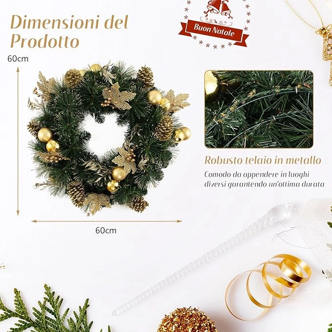 Ghirlanda Natalizia 60 CM con Luci LED Bianche Calde, Aghi di Pino, Pigne, Bacche, Ghirlanda di Natale a Batteria per Porta d'Ingresso, Finestra, Decorazione Natalizia Interna ed Esterna