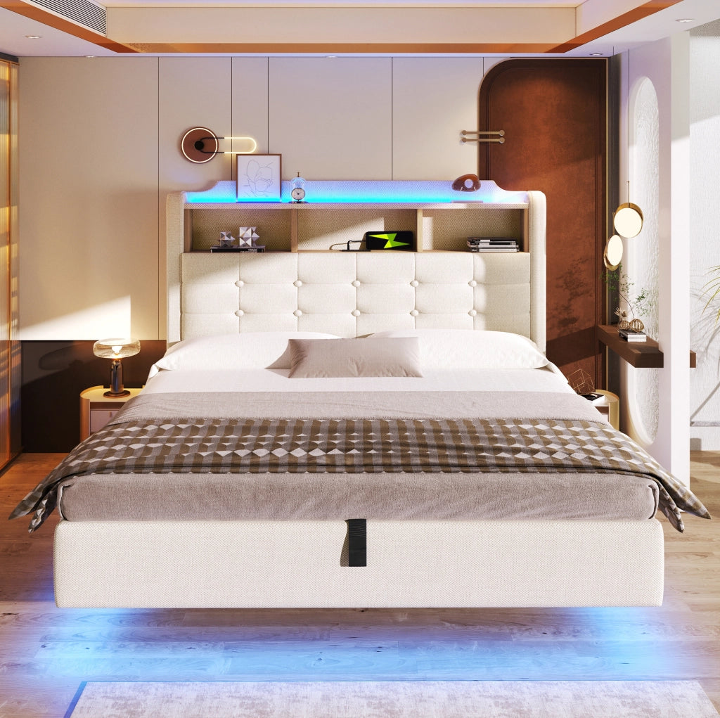 Letto imbottito 140 x 200 cm con LED, contenitore idraulico, USB e Tipo C, beige