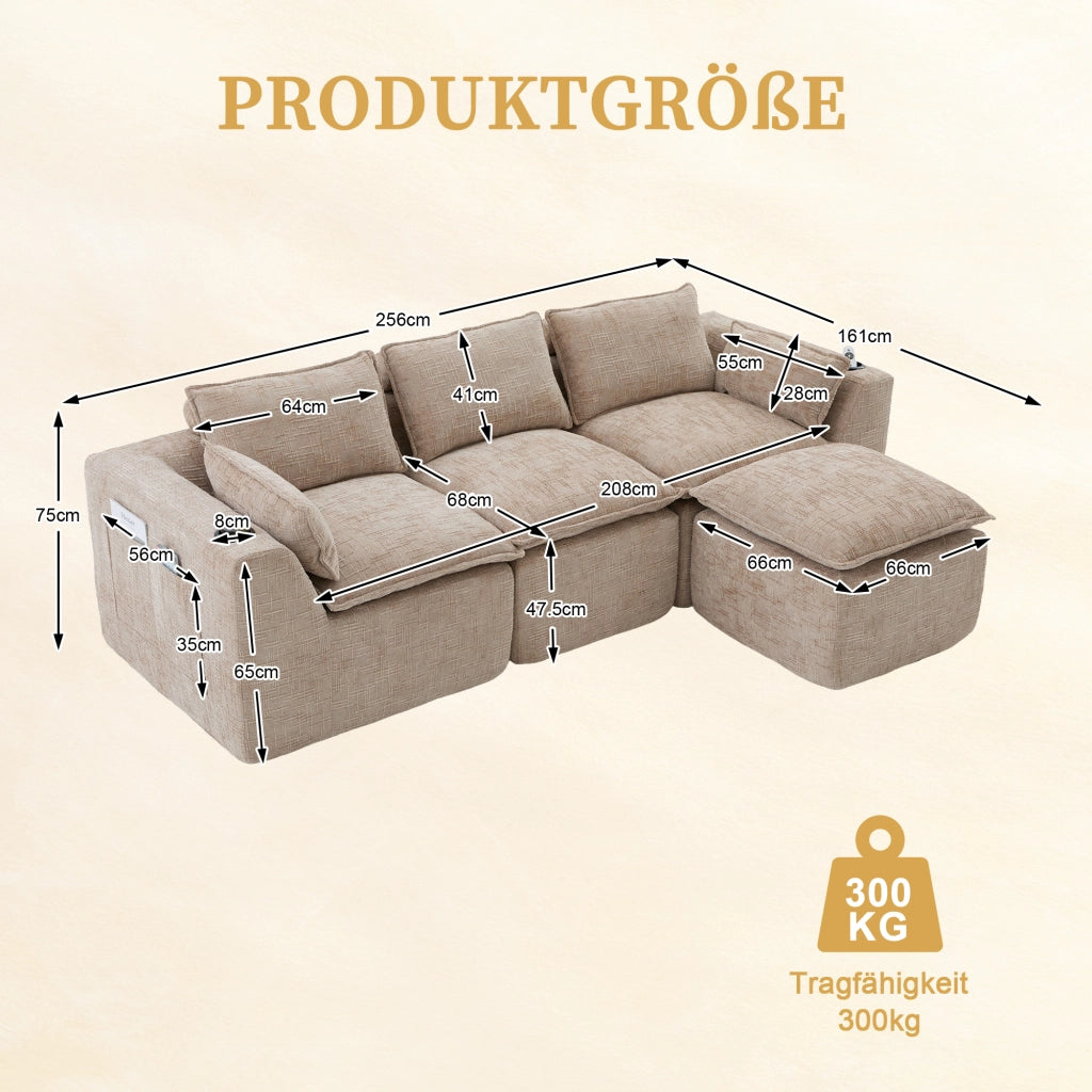Divano modulare 3 posti con tasche laterali e cuscini, in chenille khaki e nucleo a molle, 256 × 161 × 75 cm