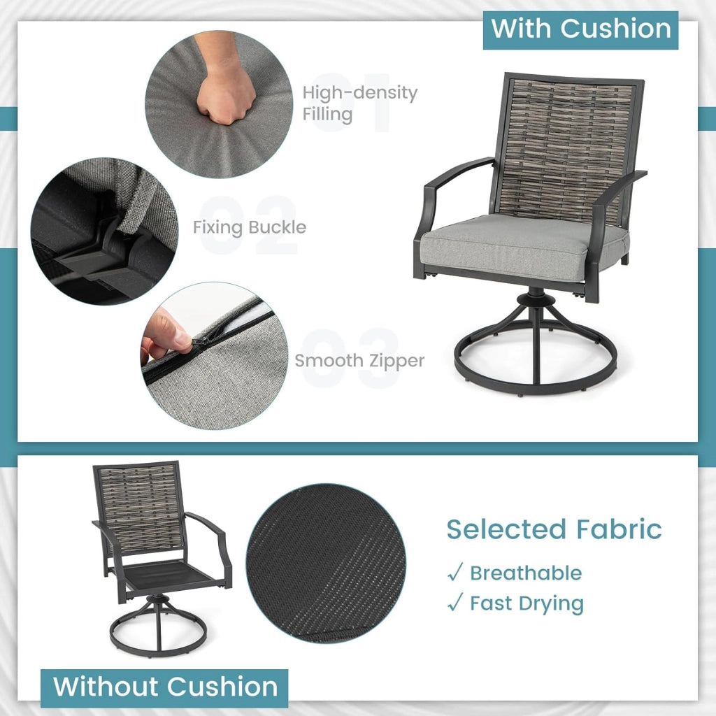 Set da giardino, 3 pezzi, in vimini, per 2 persone, per soggiorno, giardino, con 2 sedie girevoli, 2 cuscini spessi, tavolino, telaio in metallo, set da bistrot per terrazza, giardino, balcone
