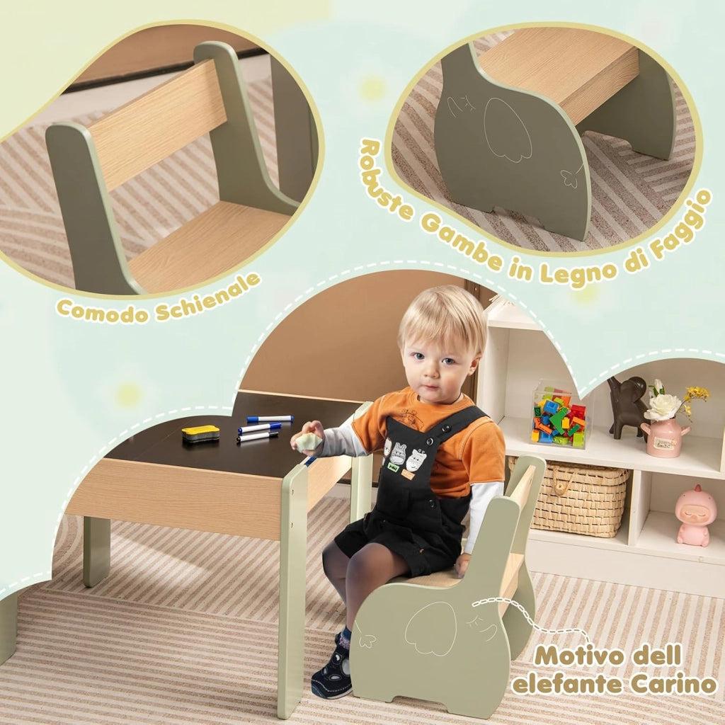 3 in 1 Set Tavolo e Sedie per Bambini, Tavolo da Attività per Bambini con 2 Sedie, Lavagna Rimovibile e Deposito, per Giocare, Disegnare e Leggere, in Legno (Verde)