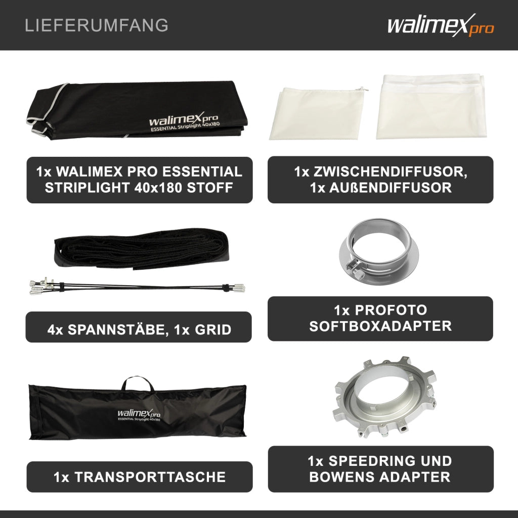 Essential Striplight Softbox 40x180cm + adattatore softbox per Profoto (diametro esterno: 15,2 cm), ruotabile a 360°, facile da montare, griglia inclusa