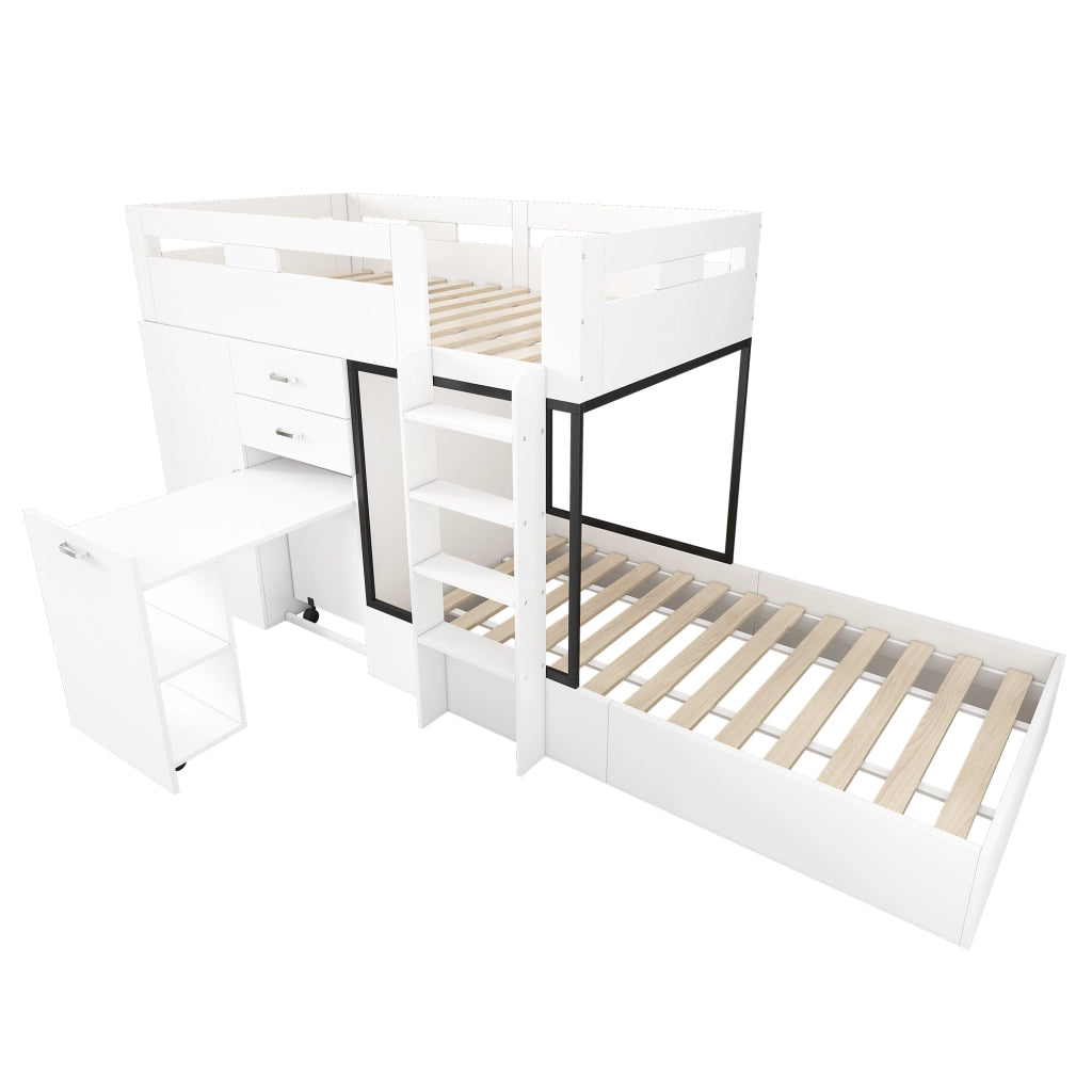 Letto a castello multifunzione con scrivania estraibile e guardaroba 90x200 cm; bianco e nero