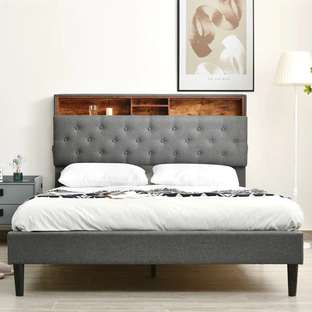 Letto Contenitore Imbottito con LED ¨C MINIMAL ¨C Grigio, 140x200, con materasso