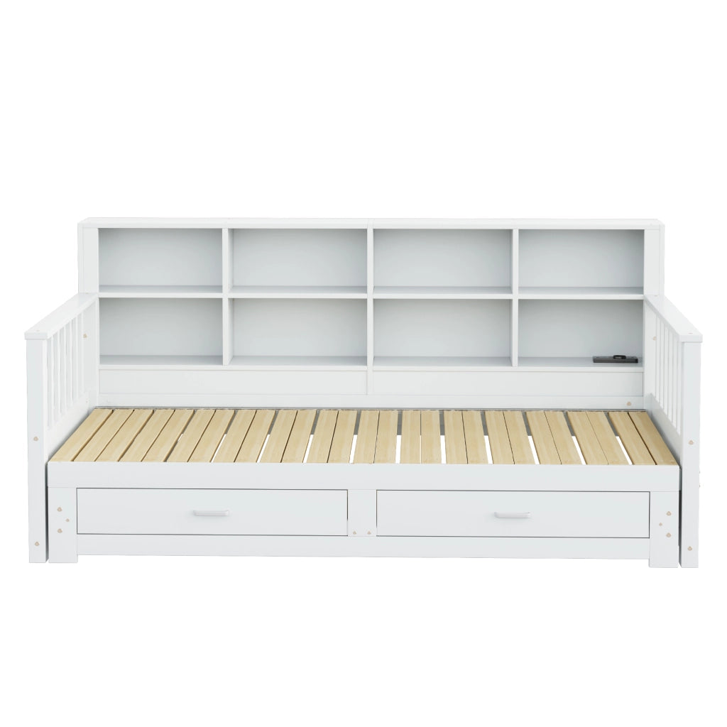 Letto estraibile matrimoniale 90×190 cm e 180×190 cm con cassetti; ripiani e presa; senza materasso; legno; bianco