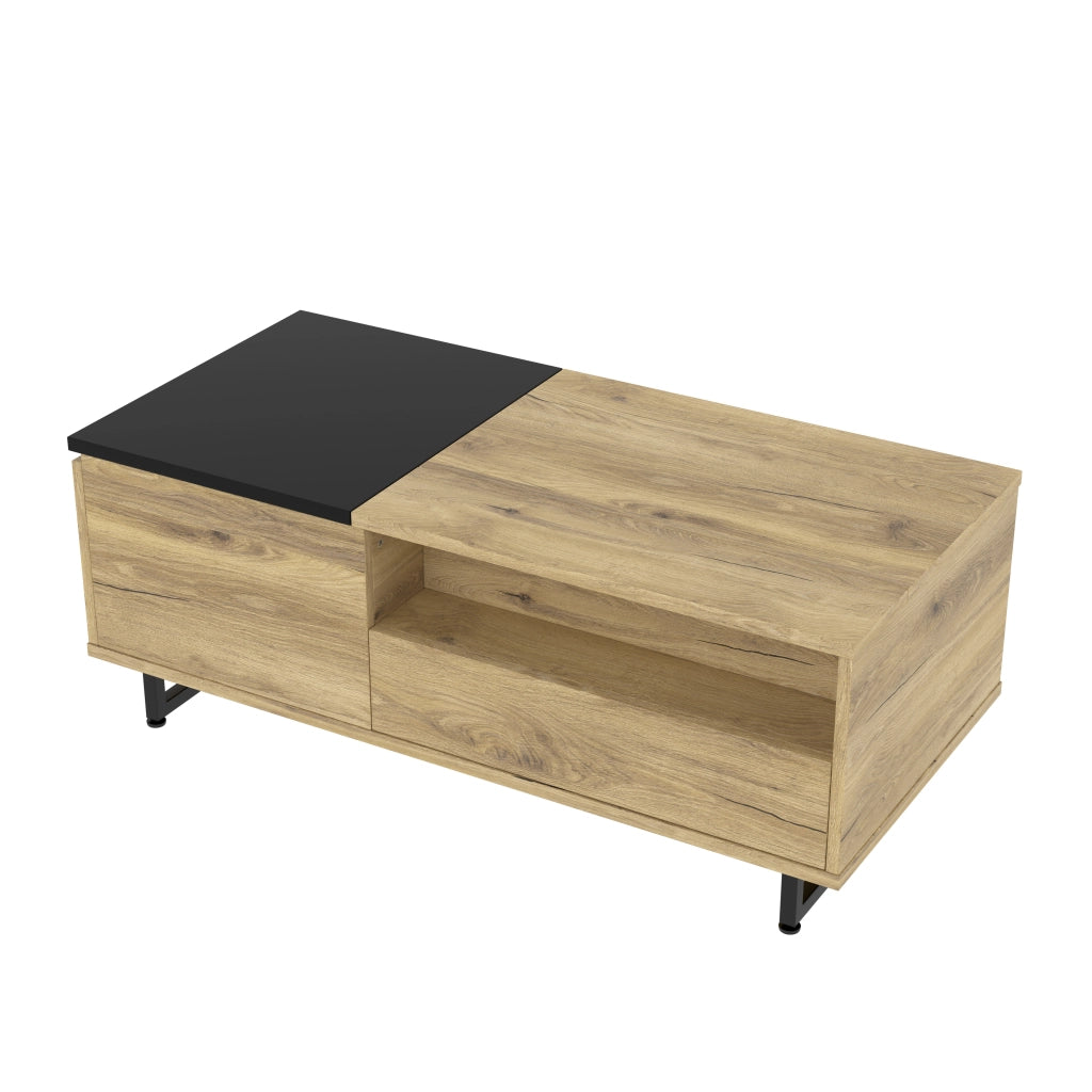 Tavolino basso sollevabile con cassetto e vani aperti, in legno ingegnerizzato e metallo, natural, 103.5 × 50 × 27.5 cm