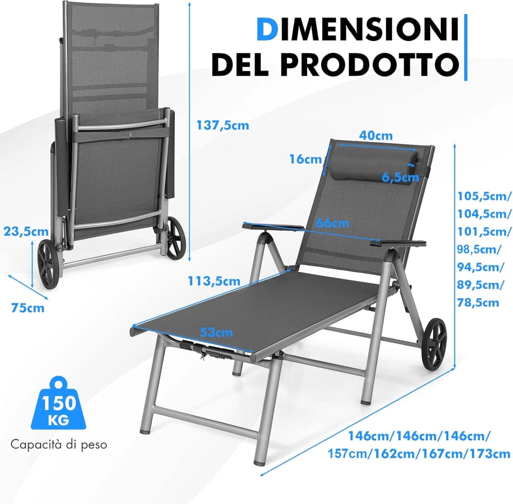 Lettino Prendisole Pieghevole, Sedia a Sdraio da Esterno in Alluminio con Ruote, con Schienale Regolabile in 7 Posizioni e Poggiatesta Rimovibile, Nero