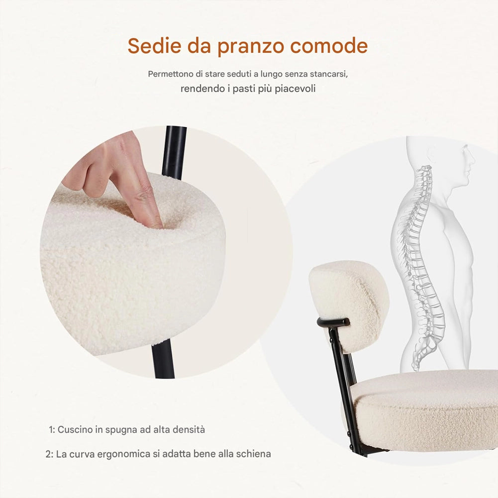 Set 4 Sedie da Pranzo con Gambe Metallo e Seduta Tessuto Teddy Imbottita Crema