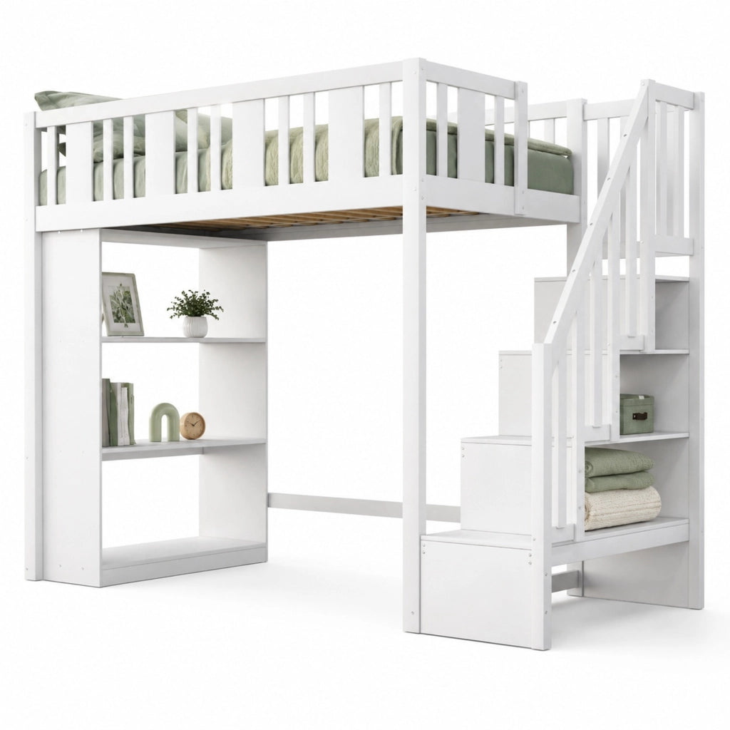 Letto a soppalco 90x200 cm con scala e 3 vani portaoggetti; in legno bianco