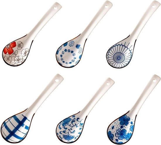 Cucchiai per Ramen - 6 pezzi - Set di Cucchiai per Soffritto - Lungo Manico - Cucchiai in Ceramica Adatti per Soia - Dumplings - Salsa - Torta - Avena
