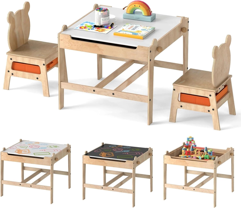 4 in 1 Set Tavolo e Sedie per Bambini 3+ Anni, Tavolo in Legno con Lavagna Reversibile Bianca e Nera, Sedie Ergonomiche con 2 Cassetti Portaoggetti, Ideale per Arti, Mestieri e Giochi (Panda)