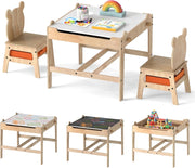 4 in 1 Set Tavolo e Sedie per Bambini 3+ Anni, Tavolo in Legno con Lavagna Reversibile Bianca e Nera, Sedie Ergonomiche con 2 Cassetti Portaoggetti, Ideale per Arti, Mestieri e Giochi (Panda)