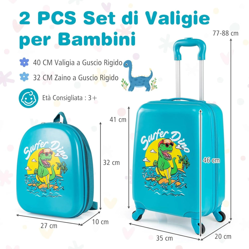 Set di 2 Valigia per Bambini, 16" Valigia+ 13" Zaino, con Ruote Girevoli a 360°, Maniglia Retrattile e Spallacci Regolabili, Ideale per Viaggiare in Modo Comodo e Divertente (Modello 1)