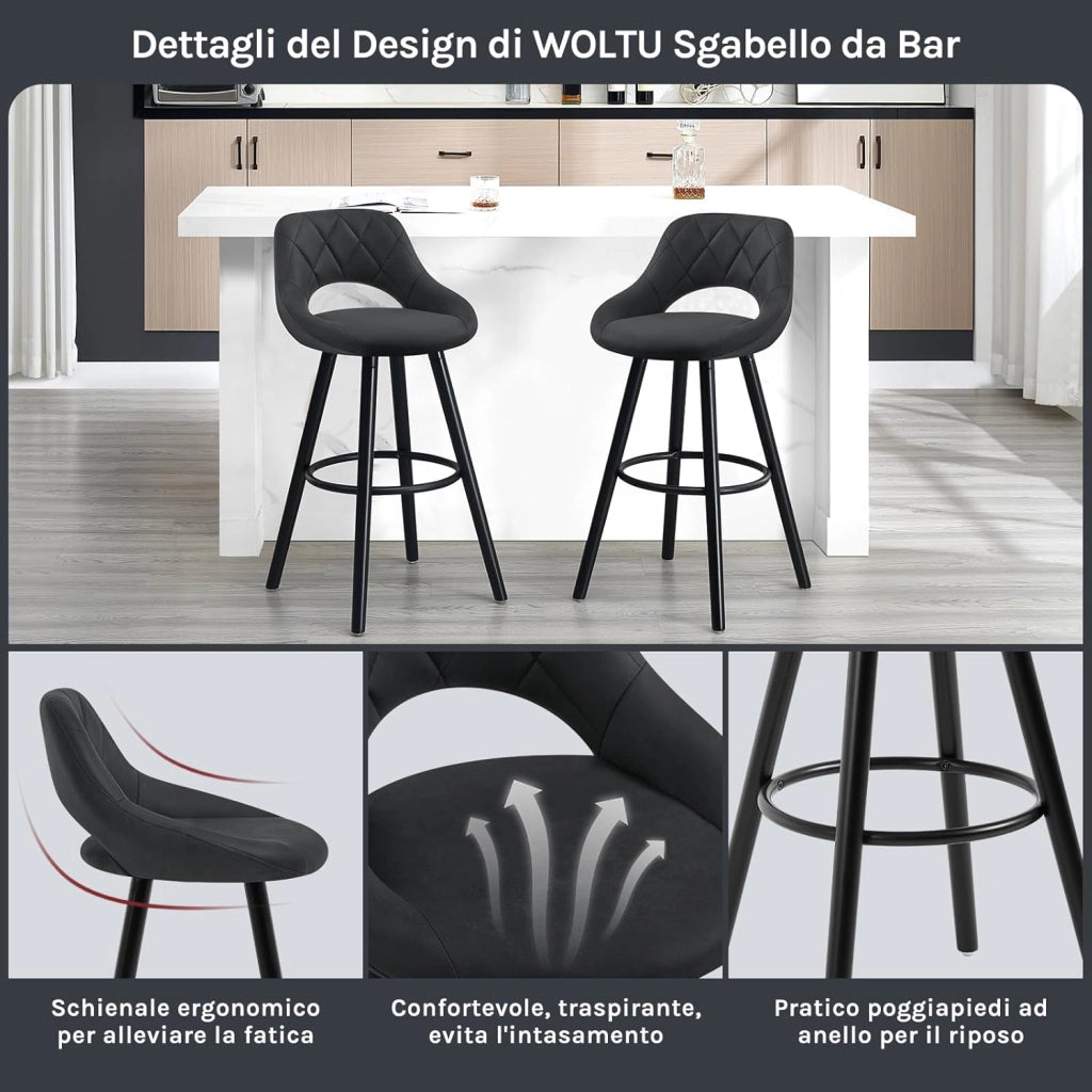 Sgabelli da Cucina Set di 2, Sgabello da Bar per Colazione, Sgabelli Alti con Poggiapiedi e Schienale, Sedile in Tessuto Tecnico+Gambe in Legno, Antracite, BH291an-2