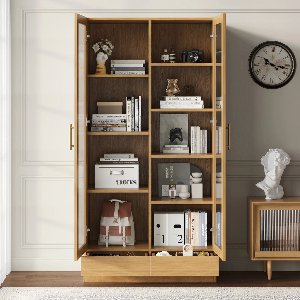 Vetrina con 2 ante in vetro 1 cassetto e 9 vani sfalsati per soggiorno o studio colore legno 80 × 40 × 160 cm